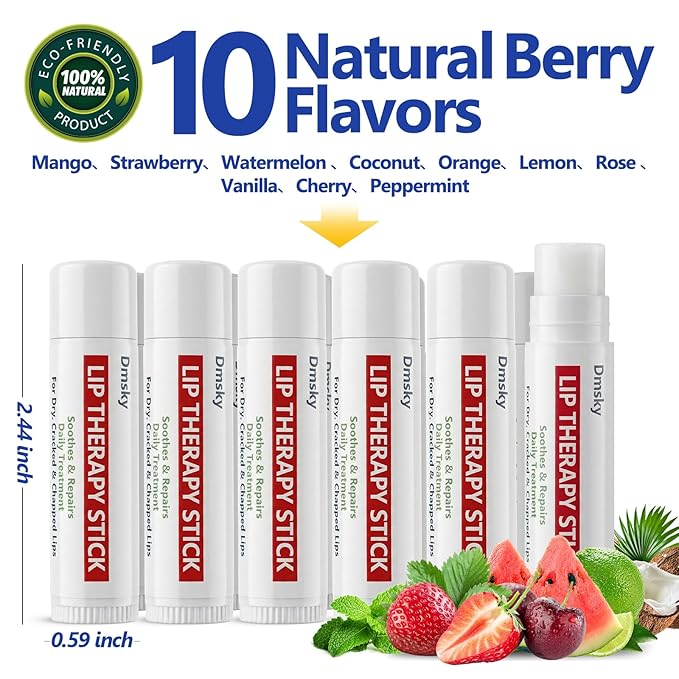 Dmsky Lip Therapy Lip Balm Stick,10 Natural Berry Flavor Healing Hydrating Chapstick Bulk for Chapped Lips Severe,Dry Lips,0.15 OZ