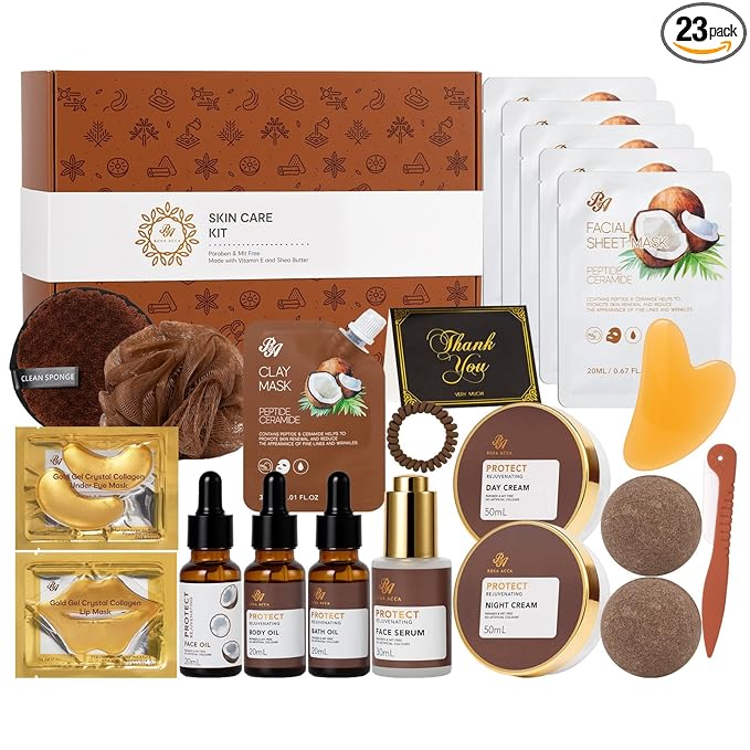 Coconut 23 Pcs Facial Skin Care Kit For Women & Men, Self-Care Gift Set, Spa Relaxation Kit, Face Sheet Mask, Serum, Clay Mask, Birthday, Christmas, Valentines, Mother Day, Dad, All Occasion Present