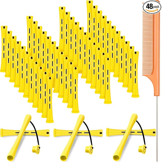 48 Pieces Hair Perm Rods Short Cold Wave Rods Plastic Perming Irons Hair Curling Rollers Curlers with Steel Pintail Comb Rat Tail Comb for Hairdressing Styling Supplies(0.28 Inch,Yellow and Orange)