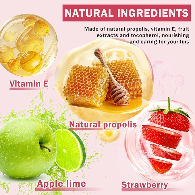 4 PCS Bee Lip Balm Honey Pot,Honey Strawberry Watermelon Apple Lip Mask, Reduces Lip Lines,Hydrating Exfoliating Lip Balm