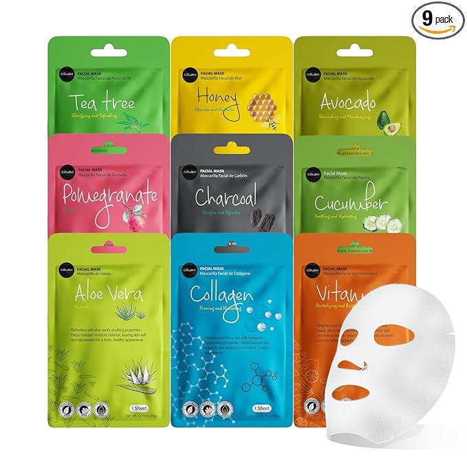 Celavi Essence Facial Face Mask Paper Sheet Korea Skin Care Moisturizing 9 Pack (Mix of 9)