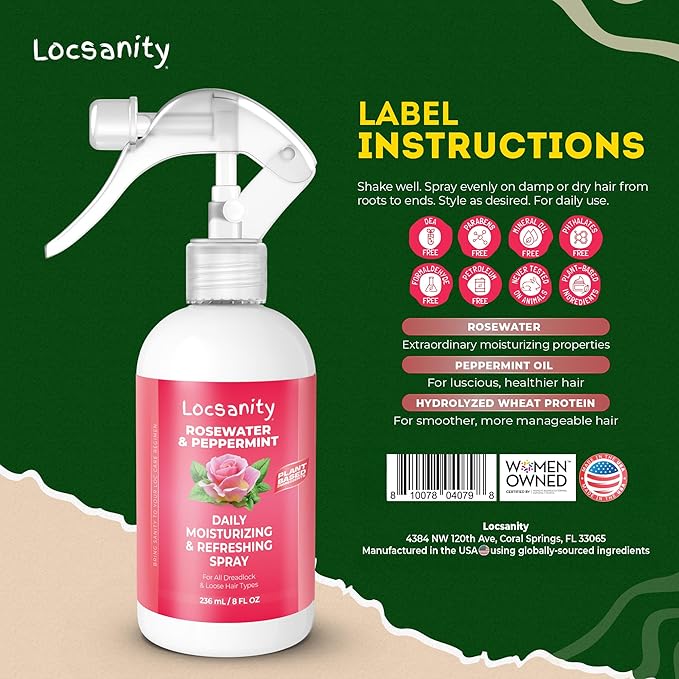 Loc Spray - Locsanity Daily Moisturizing Rosewater & Peppermint Spray for Locs, Dreadlocks - Lightweight Frizz Control Hair & Scalp Moisturizer - Natural Loc Care (8 fl oz)
