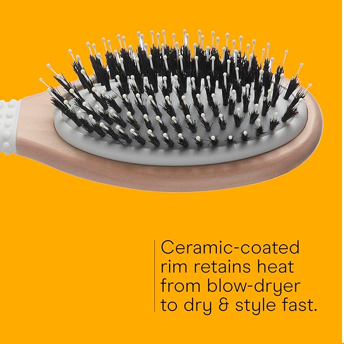 CONAIR Ceramic Wood Nylon & Boar Bristle Cushion Hair Brush, hairbrush for women, reduce frizz and add shine, natural wood handle, for all hair types