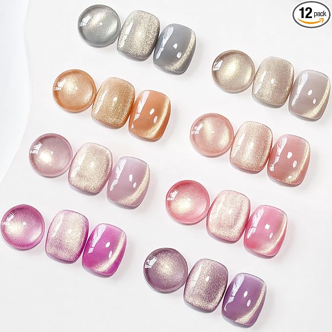 MIZHSE Cat Eye Gel Nail Polish, 8 Colors Glass Magnetic Gel Polish Set with Magnet Stick, Crystal Jelly Pink Purple Colors with Gradual Gold Cat Eye Effect Nail Gel Soak Off Nail Art Valentine's Gift