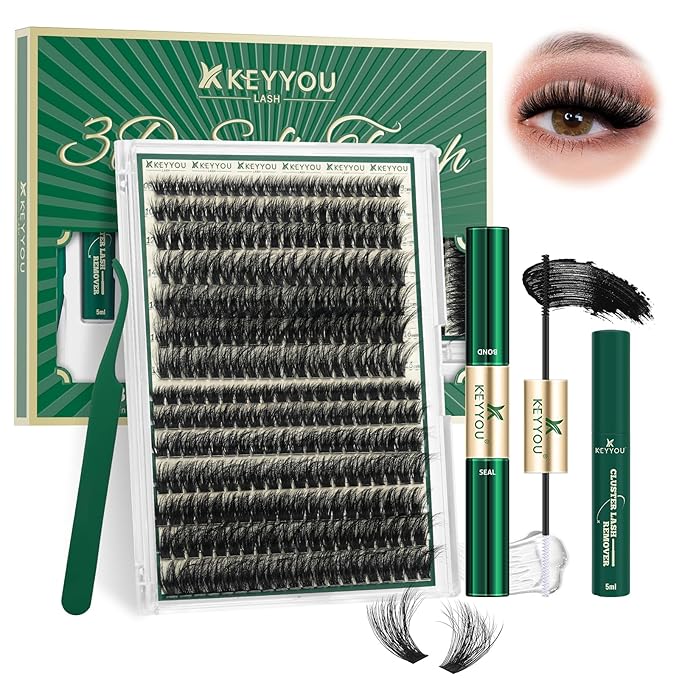 KEYYOU 3D Effect lash Clusters Kit 80D100D 280pcs Eyelash Clusters Kit D Curl Individual Lashes Kit Wispy Lash Extensions Kit with Waterproof Lash Bond and Seal Tweezers (Lash Kit-8-16MIX)