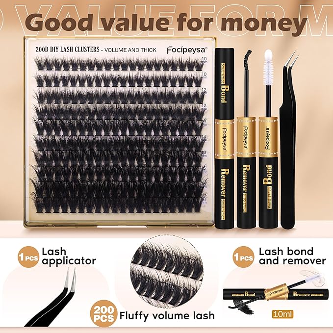 Focipeysa Lash Extension Kit Thick Eyelash Extension Kit 10-18mm Fluff Volume Lash Clusters 200D Individual Eyelashes Kit with Lashes Bond, Lashes Remover, Lash Tweezers, DIY Lash Extension