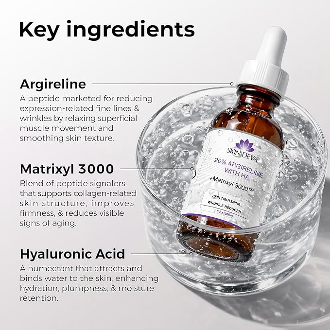 SKIN DEVA 20% Argireline Serum with Matrixyl 3000 Pure Hyaluronic Acid Serum For Face Deep Wrinkle Reducer Anti Aging Tones Skin and Stimulates Collagen Peptides Serum For Face