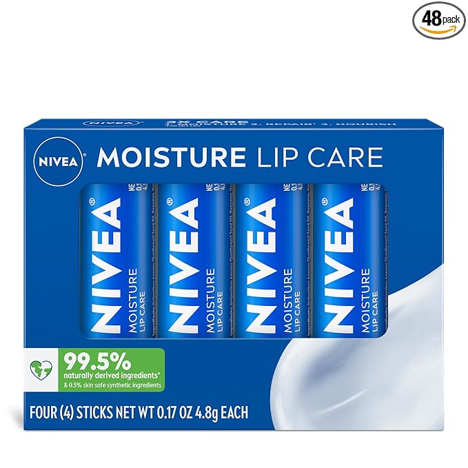 NIVEA Moisture Lip Care, Hydrating Lip Balm with Shea Butter, Nourishing Oils and Vitamin C & E, 3-in-1 Moisture, Repair and Nourish, 0.17 Oz Stick, Pack of 48