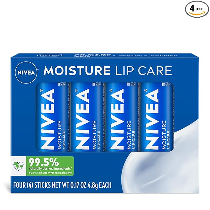 NIVEA Moisture Lip Care, Hydrating Lip Balm with Shea Butter, Mothers Day Gifts, 0.17 Oz Stick, Pack of 4