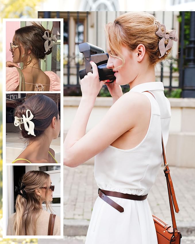 4 PCS Bow Hair Clips Bow Claw Clip for Women, Large Hair Claw Clips for Thin Thick Long Hair Cute Nonslip Bows(White+Black+Grey+Naked Pink)