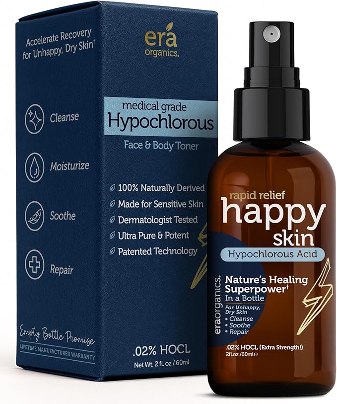 Happy Skin Hypochlorous Acid Spray for Face Travel Size – Extra Strength Natural Full Body Cleansing Toner for Acne – Soothe, Hydrate & Repair Dry, Sensitive Skin – pH Balanced, Non-Toxic 2oz