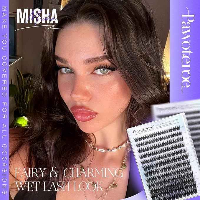 Pawotence Lash Clusters Kit Misha 10-18mm Cluster Lashes Extension Kit 144pcs Eyelash Clusters Wet Look Wispy Lashes Cluster Eyelash Extensions with Waterproof Lash Bond and Seal, Remover, Applicator