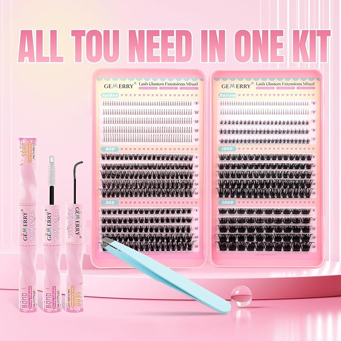 GEMERRY 4-in-1 Eyelash Extension Kit Spikes Clusters and 2 Styles Bottom Lashes 60D/80D/100D/200D Cluster Eyelash Extensions with Bond and Seal and Tweezers(8-16mm)