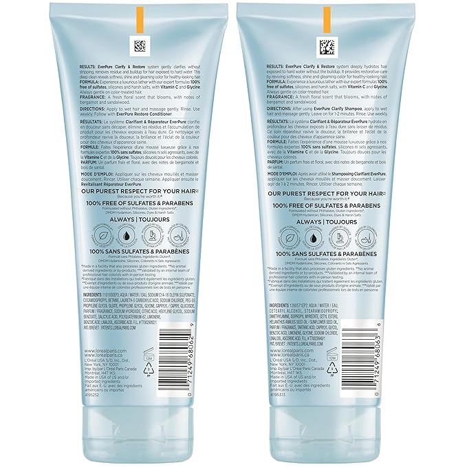 L'Oreal Paris Clarify and Restore Sulfate Free Shampoo and Conditioner Set with Antioxidants for Hard Water Exposure-and Styling Build-up,EverPure,1 Hair Care Kit,(Pack of 6)