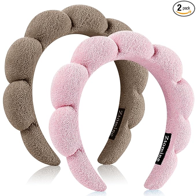 Ztomine Spa Headbands, Set of 2, Terry Cloth Headband Face Wash Headband Combo Pack - Puffy Makeup Headbands for Face Washing, Mask (Dark khaki + pink)