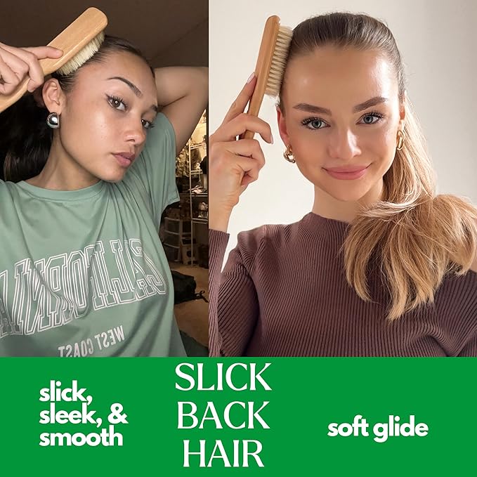 GranNaturals Soft Finishing Boar Bristle Slick Back Hair Brush for Smoothing & Polishing a Sleek Ponytail Bun w/ a Wide Wooden Rat Tail End for Parting & Sectioning - Teasing & Backcombing Hairbrush