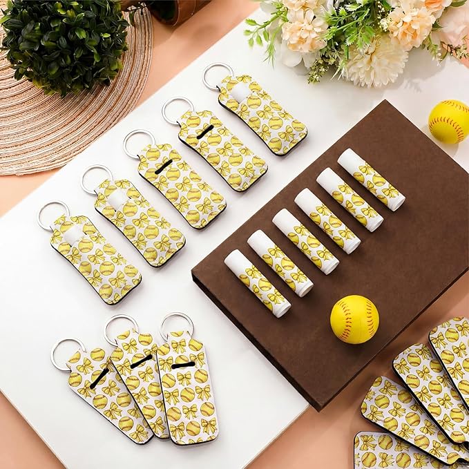 18 Sets Softball Bow Party Favors Lip Balm and Holder Keychain Bulk Softball Senior Night Party Supplies Goodie Bags Stuffers Sport Team Gifts Accessories for Sports Lovers Players Coach Guest