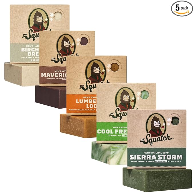 Dr. Squatch Natural Men’s Bar Soap - Cold Process Body Soap Bar with Natural Oils - Gifts for Men - Lumberjack Lodge, Cool Fresh Aloe, Birchwood Breeze, Maverick Musk & Sierra Storm (5 oz, 5-Pack)