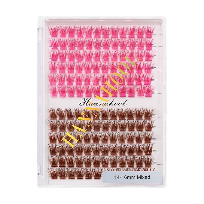 12rows-Large Tray Mixed 8-10-12-14-16mm/Mixed 14-15-16mm/Mixed14mm-16mm/Mixed 18-20mm Wide Stem Individual False Eyelashes Dramatic Black Cluster Eyelashes (T50-rose red -brown-14-16mm)