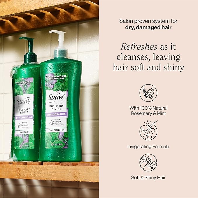 Suave Invigorating Shampoo with Rosemary & Mint, Refreshing & Replenishing Care for Healthy-Looking Hair, No Parabens, Phthalates, or Dyes, 28 FL OZ Bottle (Pack of 2)