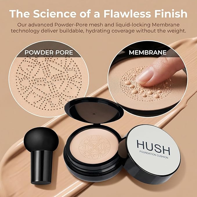 Hush makeup foundation - Glow makeup foundation for older women warm - Infused Lightweight Foundation cushion with Mushroom Applicator for Mature Skin, Hyaluronic Acid & Peptides, Natural Coverage