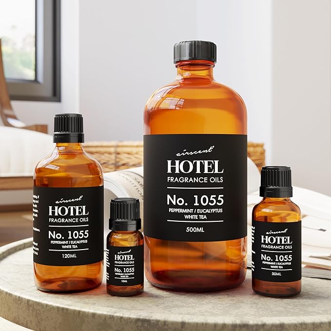 AirScent Hotel Diffuser Oil No. 1055 - Peppermint Eucalyptus White Tea - Premium Fragrance Oil for Ultrasonic and Waterless Diffusers and Crafting - 30 mL, 1 fl oz Glass Dropper Bottle