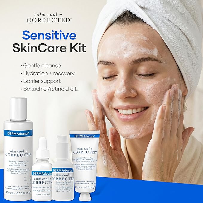 DERMAdoctor Dermatologist Formulated Skincare Set – Cleansing Oil, Hyaluronic Acid & Niacinamide Serum, Bakuchiol Anti Aging Serum, Vitamin C Ceramide Barrier Moisturizer for Sensitive Skin
