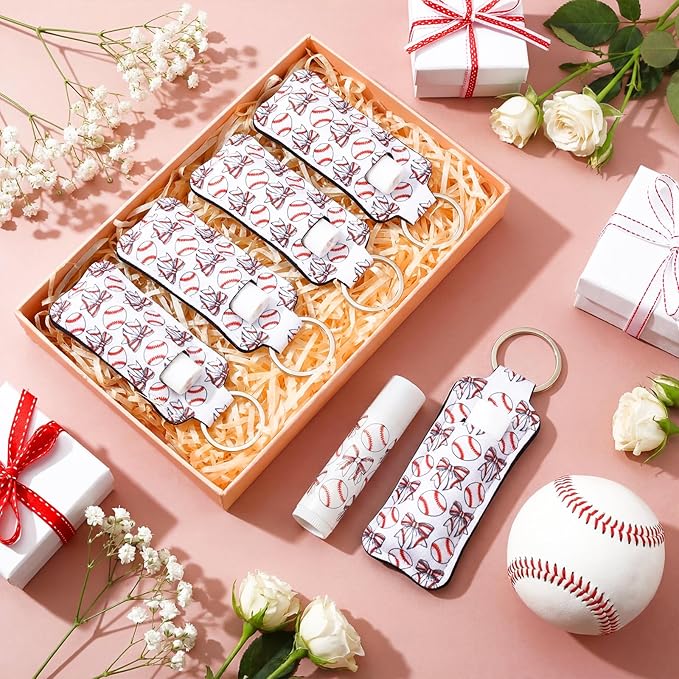 18 Sets Baseball Bow Party Favors Lip Balm and Holder Keychain Bulk Baseball Senior Night 2026 Party Supplies Sport Team Gifts Goodie Bags Stuffers for Sports Lovers Coach Players Accessories