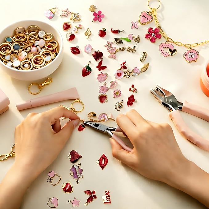 270Pcs Charms Lip Gloss Keychain Making Kit, DIY Craft Supplies with Charms, Key Chain Hooks, Jump Rings, Lobster Clasps, Chains & Tools, Jewelry Making Kit for Custom Keychains, Valentines Gifts