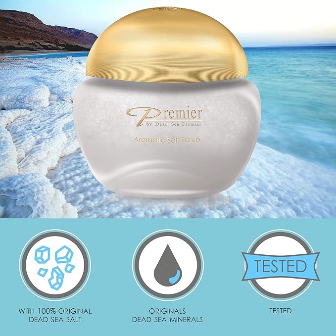 Premier Dead Sea Aromatic Salt Scrub for Hands Feet & Body Exfoliating Body Scrub w/Jojoba Sweet Almond Grape Seed Oils Vitamin E Foot Exfoliator for Women & Men Exotic Scent, 10.5 Oz
