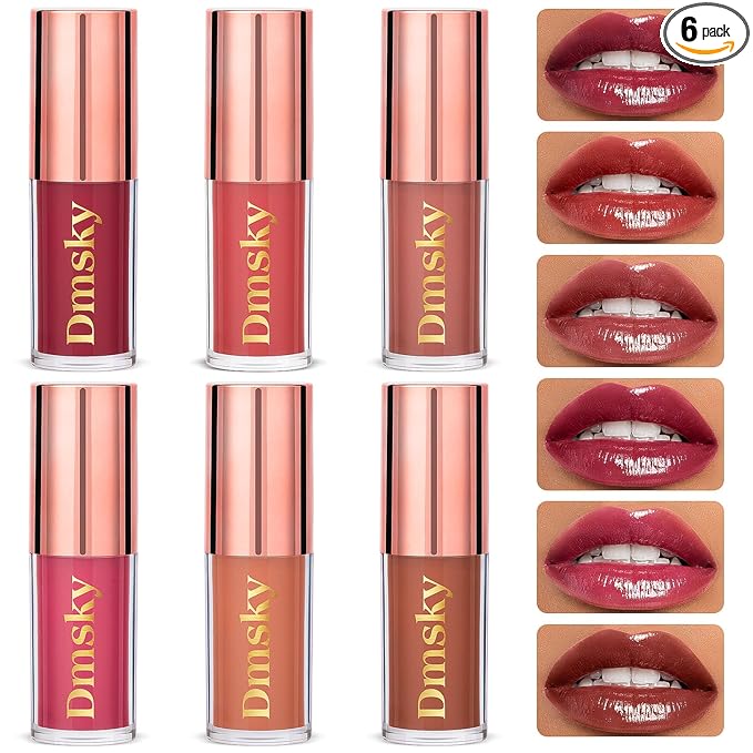 Dmsky Hydrating Glossy Lip Stain 6 Pack, Long-Lasting Lip Gloss Bulk Set, Lightweight Lip Tint with 6 Colors, Lip Gloss for Women and Girls Makeup