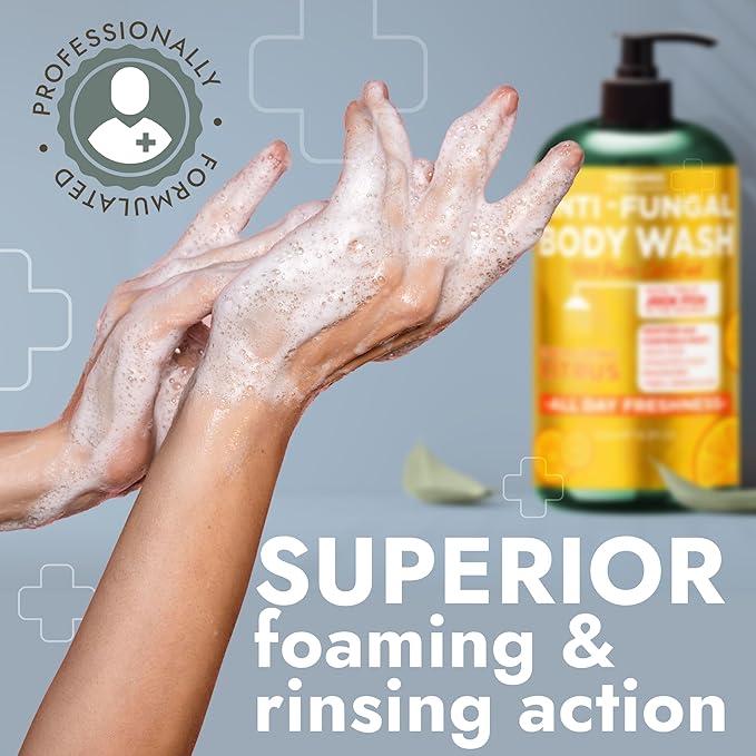 Antifungal Body Wash with Tea Tree Oil & Lemon Oil | 1% Tolnaftate Soap Helps Fight Ringworm, Jock Itch & Athlete’s Foot | Itch & Odor Relief | Medicated Citrus Body Wash for Men & Women | 16.9 oz