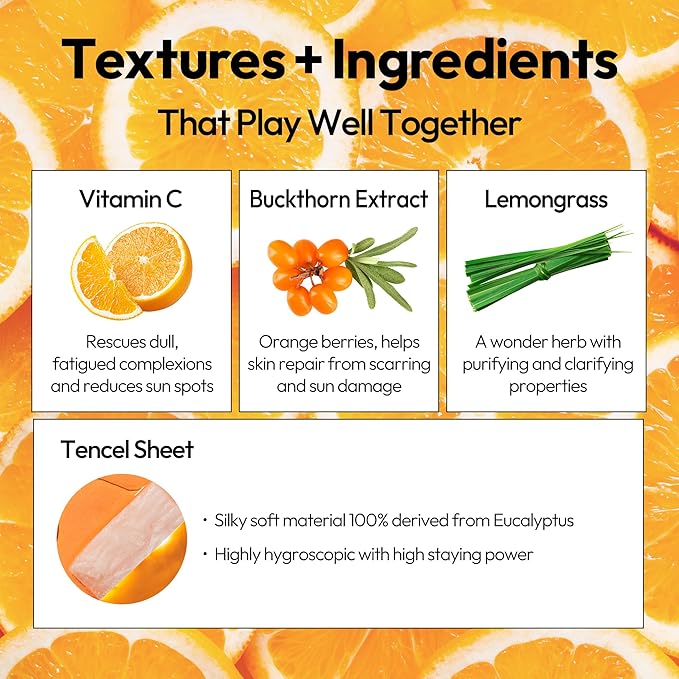 LAPCOS Vita C Sheet Mask - Rejuvenating & Revitalizing Face Masks with Vitamin C for Dull, Tired Skin - Highly Breathable Eucalyptus-derived Tencel Sheet - Korean Skin Care (Pack of 5)