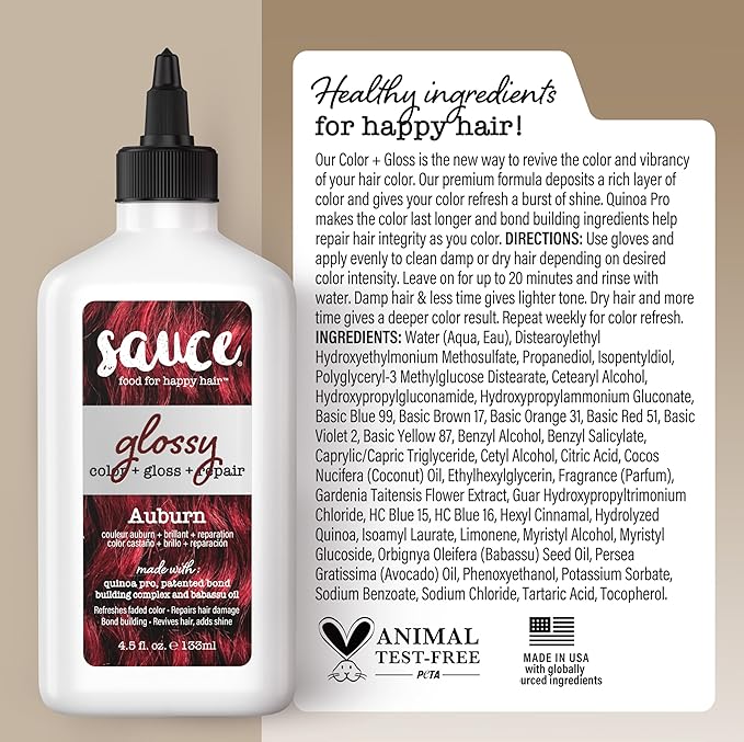 Sauce Beauty Glossy Color + Gloss + Repair, Auburn, Semi Permanent Hair Dye with Bond-Building and Color-Fade Protection Technology, Adds Shine & Deep Moisture, Lasts 4-8 Weeks, Stops Fade