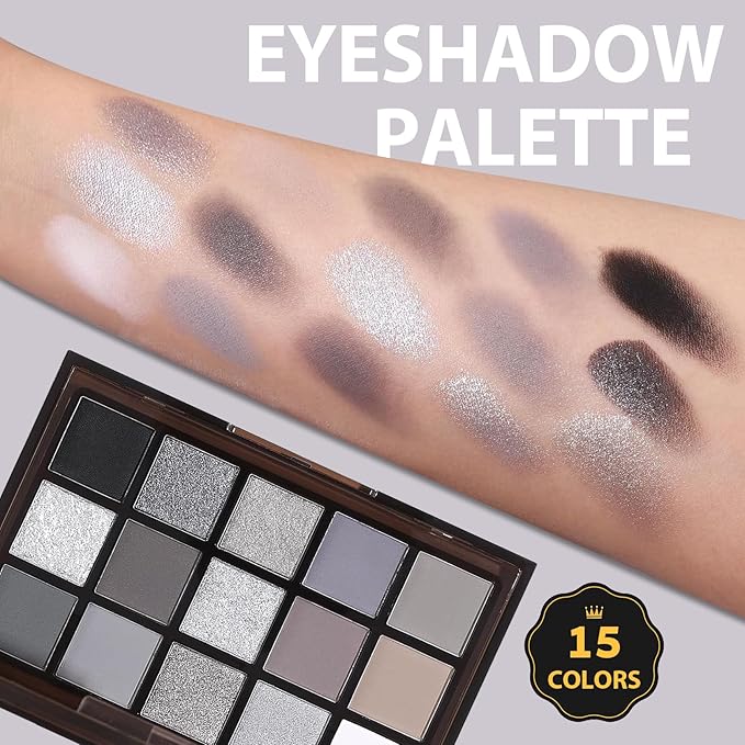 Black Smokey Grey Eyeshadow Palette, 15 Colors Shimmer Matte Eye Shadow Makeup Palette, Colorful Long Lasting High Pigmented Dark Grey Glitter Eyeshadow Palette for Daily,Goth Makeup and Halloween