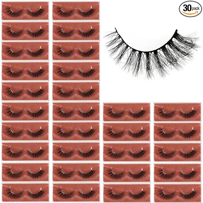 APCYUST Lashes Mink Bulk 30 Pair Wholesale Lashes 5D Fluffy Eyelashes Wholesale Faux Mink Eyelashes Natural Medium Length Fake Lash with Portable Pack (Flare Wispy 30 Pairs)
