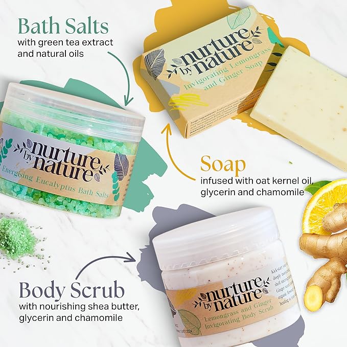 Nurture by Nature RELAX & UPLIFT Spa Kit for Women – Birthday Gifts for Women – 6 Piece Gift Basket with Hand Soap, Body Scrub, Hand Cream & More - Vegan Self Care Kit - Relaxation Gifts for Her