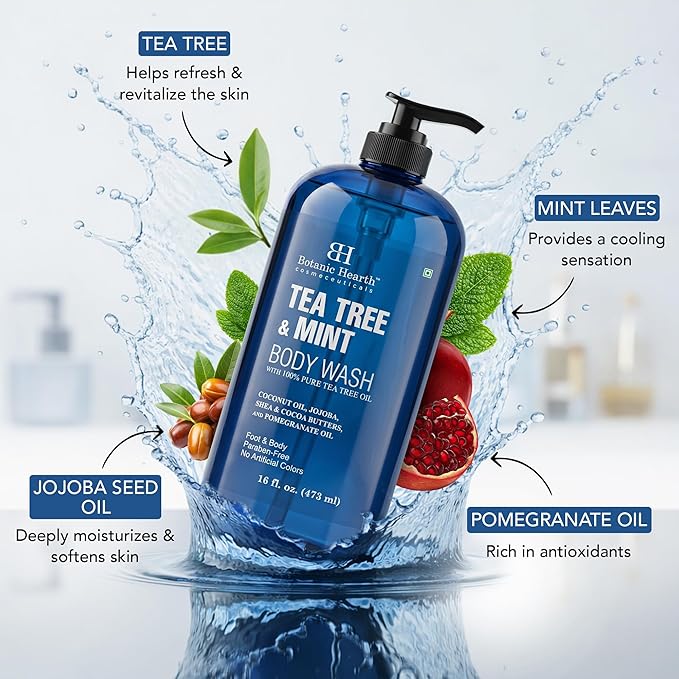 Botanic Hearth Tea Tree & Mint Body Wash, 16 fl oz | Refreshing Body Cleanser with Tea Tree Oil & Mint, Moisturizing Formula, Gentle Daily Use Shower Gel, Fresh Scent, Suitable for Men & Women