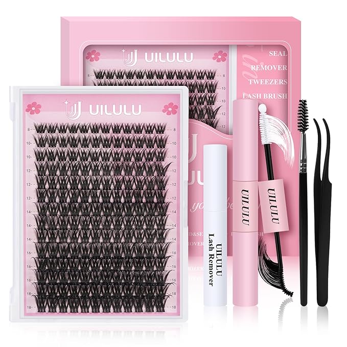 UILULU DIY Lash Extension Kit 168 Count Individual Lash Clusters D Curl Clusters Lashes, Lashes Kit with Lash Bond & Seal, Lash Remover, Lash Tweezers, and Lash Brush D Curl-0.07-8-18MM (U03 Lash Kit)