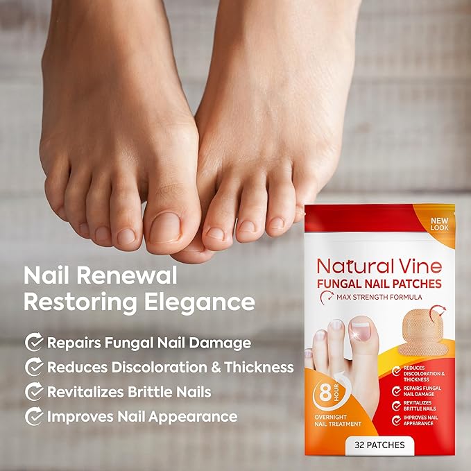 Natural Vine Fungal Nail Patches: Max Strength Formula for Toenail and Fingernails - 8-Hour Nighttime Renewal with 1% Tolnaftate - Toenail Fungus Treatment Extra Strength 32 Patches