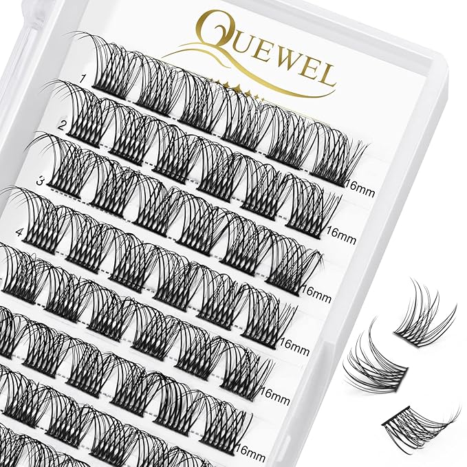 QUEWEL Lash Clusters 72 Pcs Wide Stem Individual Lashes C/D Curl 8-16mm Length DIY Lash Extension Soft False Eyelashes Wispy Cluster Lashes Easy to Create Natural Look At Home(Natural-C-16mm)