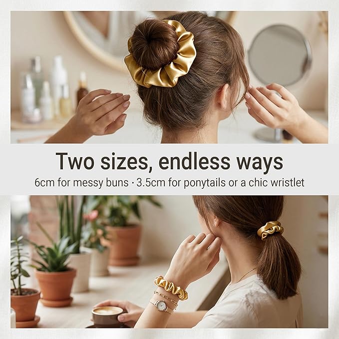 ZLYC 100% Mulberry Silk Scrunchie 19 Momme Gentle Creaseless Hair Tie for Women Dent-Free Ponytail Holder, 3.5cm Solid Champagne Gold