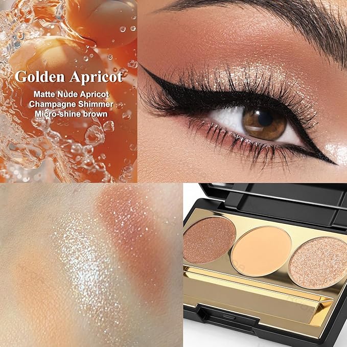 KYDA 3 Colors Eyeshadow Plaette, Glitter Champagne Golden Brown Eyeshadow, Nude Beige Peach Creamy Eyes Shadow, Lasting High Pigmented Warm Tone Eye Shadow, Mini Eyes Glitter Pallet for All Skin