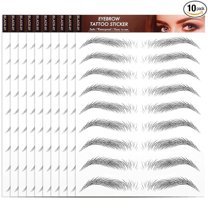 YUXIANLB 10 Sheets Waterproof Eyebrow Tattoo Fake Eyebrows Sticker 4D Hair-Like Eyebrow Tattoos Stickers Temporary Eyebrow Tattoo For Women Long-Lasting Eyebrow Christmas For Makeup Beginner(Black-01)