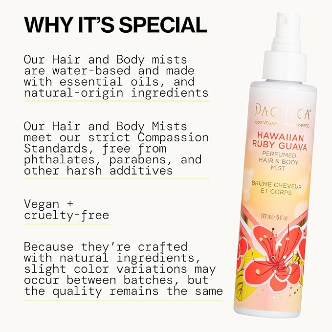 Pacifica Hawaiian Ruby Guava Hair Perfume & Body Fragrance Spray Mist - Body Mist Fragrance w/Grapefruit, Patchouli, Sugar Notes & Geranium Clean Beauty Alcohol-Free, Vegan & Cruelty-Free, 6 oz