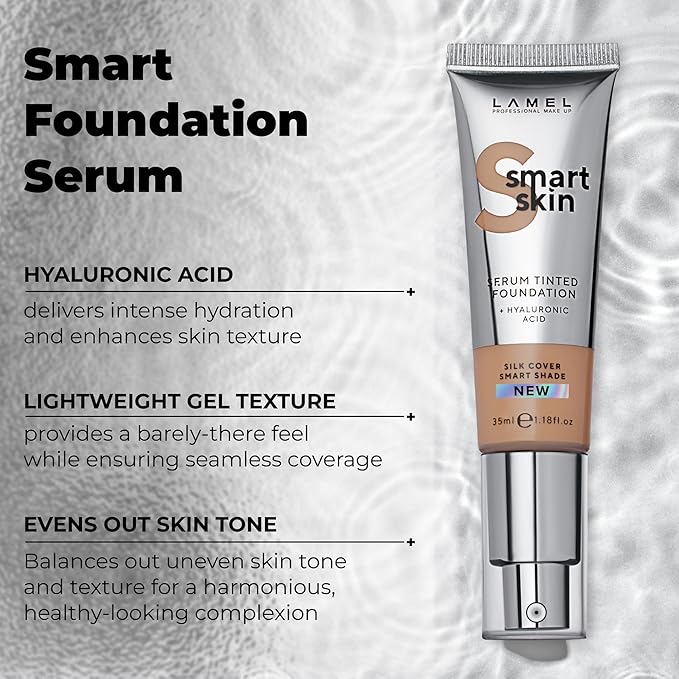 LAMEL Smartskin Serum Tinted Foundation - Hydrating & Nourishing - Hypoallergenic & Skin-Caring - Color Correcting - Anti-Aging Formula with Hyaluronic Acid, 407-1,18 fl.oz