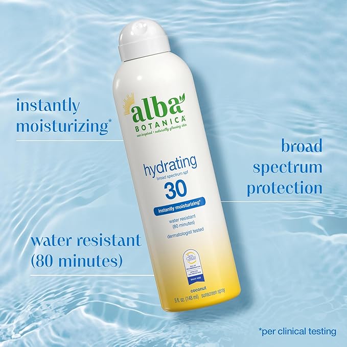 Alba Botanica Hydrating Sunscreen Spray, SPF 30 Broad Spectrum Protection, Instantly Moisturizing, Water Resistant (80 minutes), Hypoallergenic, Oxybenzone-Free, 5 Fl. Oz