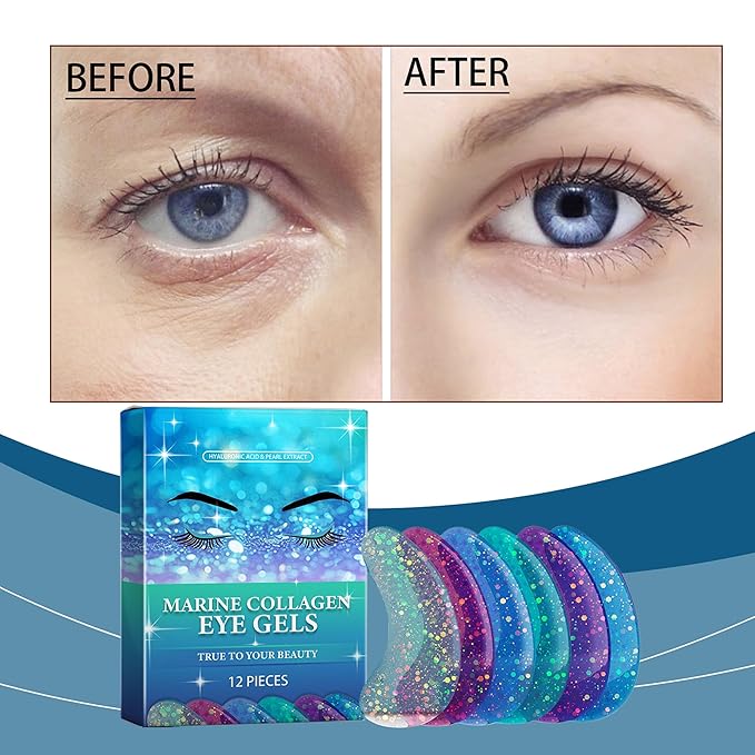 Marine Collagen Eye Gels, Under Eye Patches Collagen Pads for Puffy Eyes, Dark Circles, Bags & Wrinkles, Relieves Pressure & Reduces Wrinkles (6 Pairs)