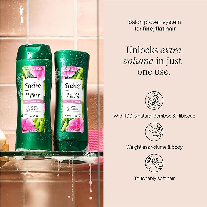 Suave Bamboo & Hibiscus Volumizing Conditioner, for Fine and Flat Hair, Salon Proven System for Boosting Hair Volume and Body, 12.6 oz
