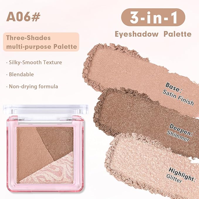 Eyeshadow Palette-Mini 3-in-1 Eye Shadow Powder Palettes Makeup-Matte&Shimmer Baked Eye Shadow for Women，paleta de sombras de ojos，Buildable Smooth Silky Waterproof for Daily Looks，06 Brown Champagne